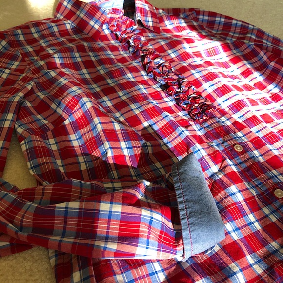 Talbots Ruffle Plaid Top Blue & Red - Picture 7 of 7
